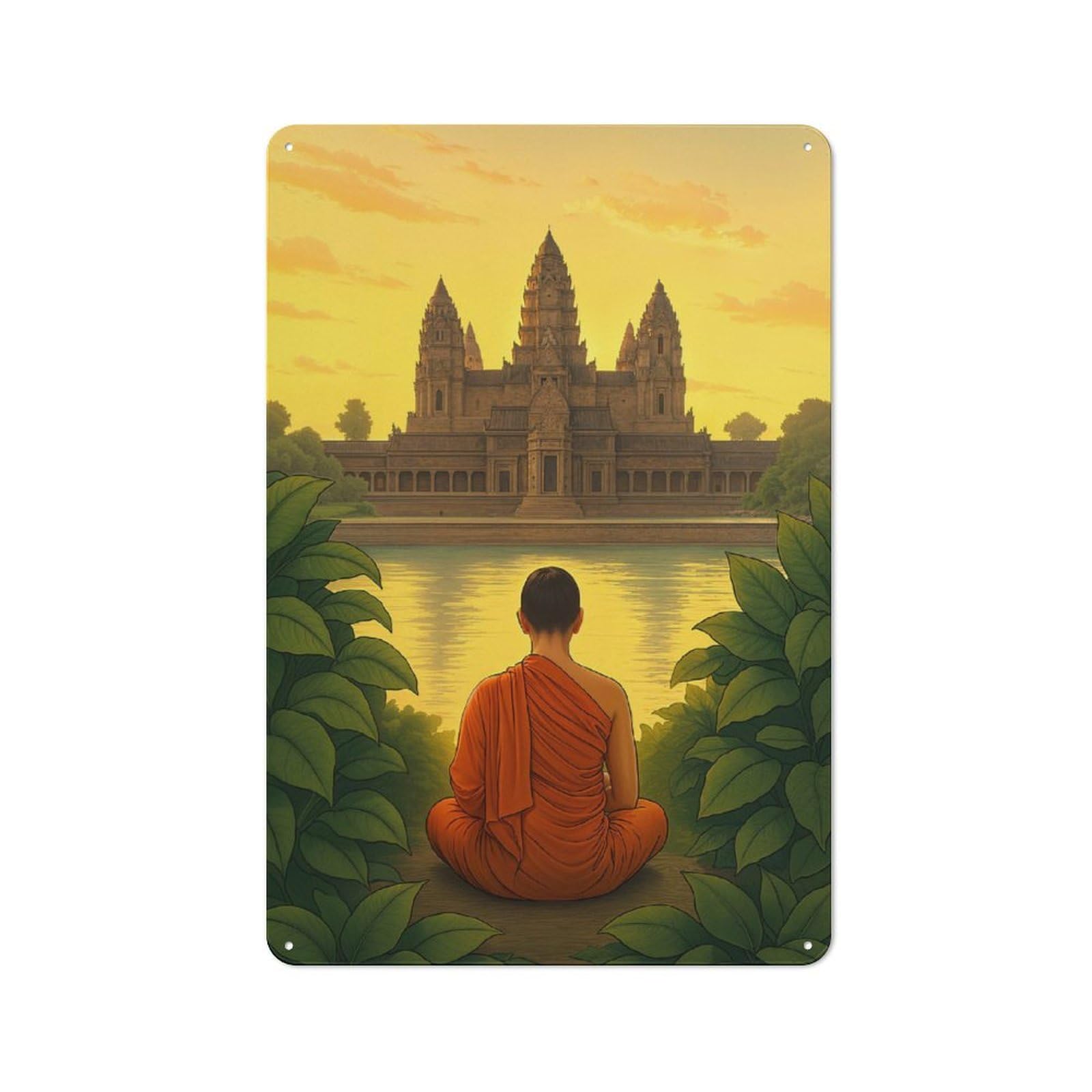 Monk Meditating at Angkor Wat Temple Decorative Metal Plaque, Bright Printed Design, for Washroom, Small Wall Space Or Hallway, 30x20cm