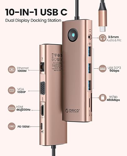 Miniatura 2 de ORICO - Estación de acoplamiento USB C con monitor doble, estación de acoplamiento para laptop 10 en 1 con HDMI 4K, VGA, 3 puertos USB, PD 100W, SD