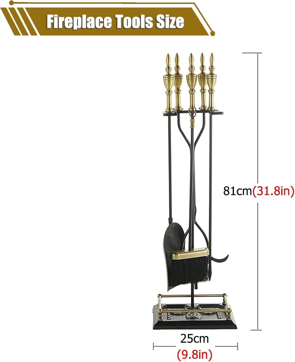 Set Attrezzi per Camino 5 Pezzi, Base con Attizzatoio, Pinza, Paletta E Scopa,Metallo,Strumenti per Camino in Ferro Battuto Nero E Accessori per Caminetto per Interni,Ottone,31.8in