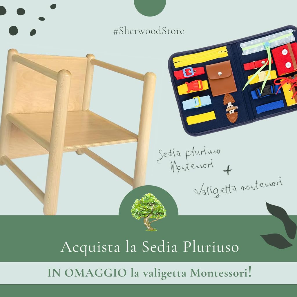 Sedia pluriuso Montessori in legno di faggio, per bambini da 1 a 3 anni - 3 in 1: sedia, tavolino o sgabello, made in Italy + Valigetta sensoriale in OMAGGIO!
