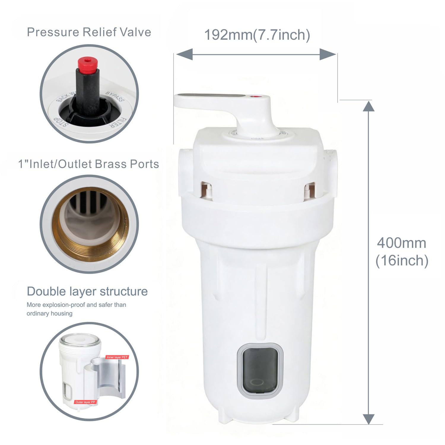 Geekpure 10-Zoll-Gehäuse für Ganzhaus-Wasserfilter – Passend für 4,5"x10"-Filter – 1 Zoll BSP-Messinganschluss mit 4 Betriebsstellungen: Filtern, Bypass, Rückspülen, Stoppen