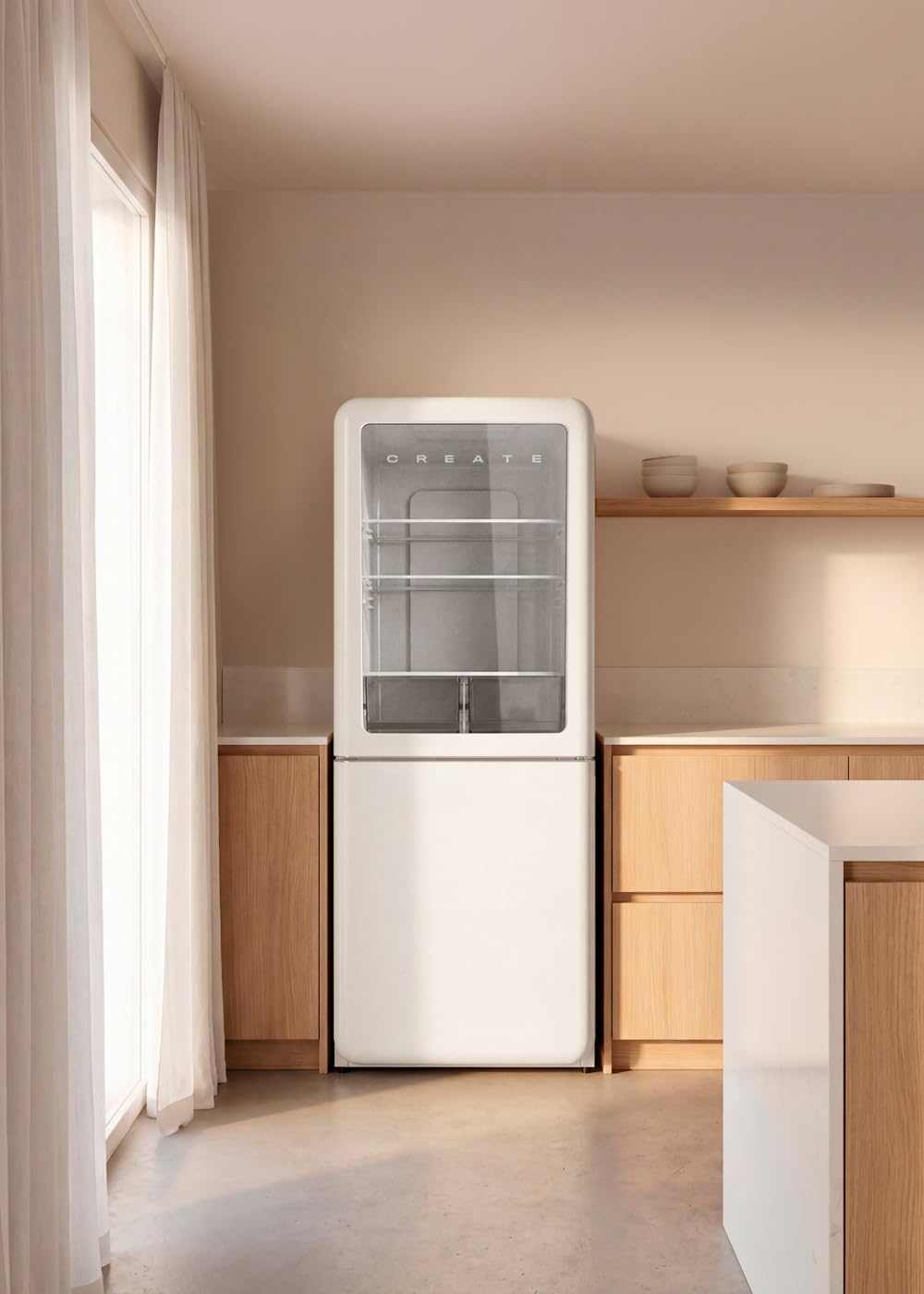 CREATE / FRIDGE RETRO KNOCK KNOCK 401L / Frigorífico combi con ventana de visualización blanco/No Frost, tecnología inverter, función enfriamiento rápido, control de temperatura, estilo retro, 190W