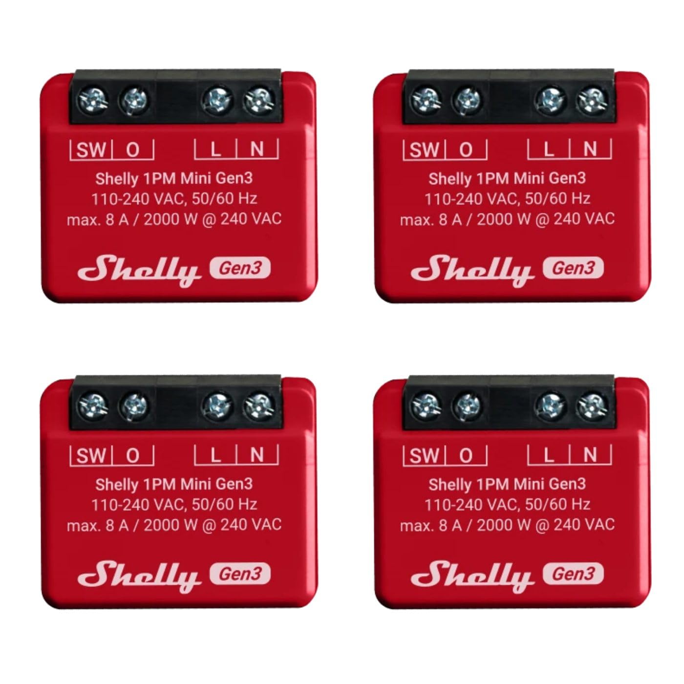 Shelly 1PM Mini Gen3 | Pack de 4 | Relé inteligente WiFi y Bluetooth, 1 canal 8A con medición de potencia | Domótica | Compatible con Alexa y Google Home | App iOS Android