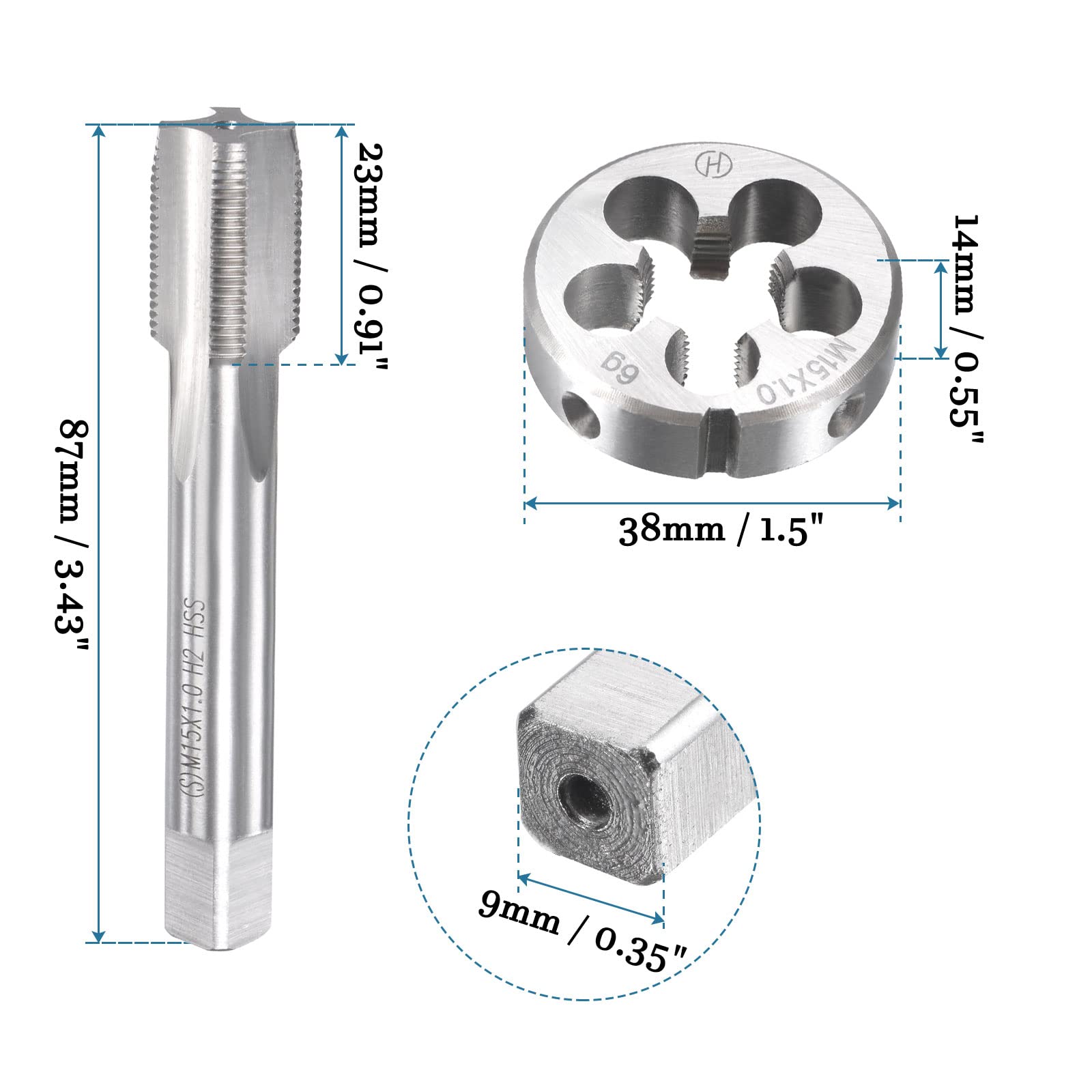 QUARKZMAN M15 x 1mm Metrico Macchina Filetto Maschiatura e Rotondo Matrice Set x 1 Set 4 Scanalatura Alta Velocità Acciaio per Lavorazione Ferramenta Strumento
