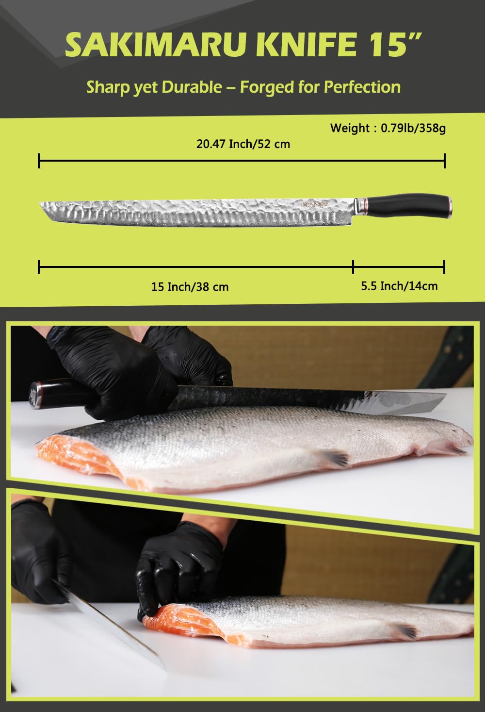 YOUSUNLONG Ultimatives Sakimaru-Messer 15 Zoll (380 mm) japanisches Filetmesser aus Damaszenerstahl Geeignet zum Schneiden von Thunfisch und Lachs-Natürlicher Ebenholzgriff mit Lederscheide