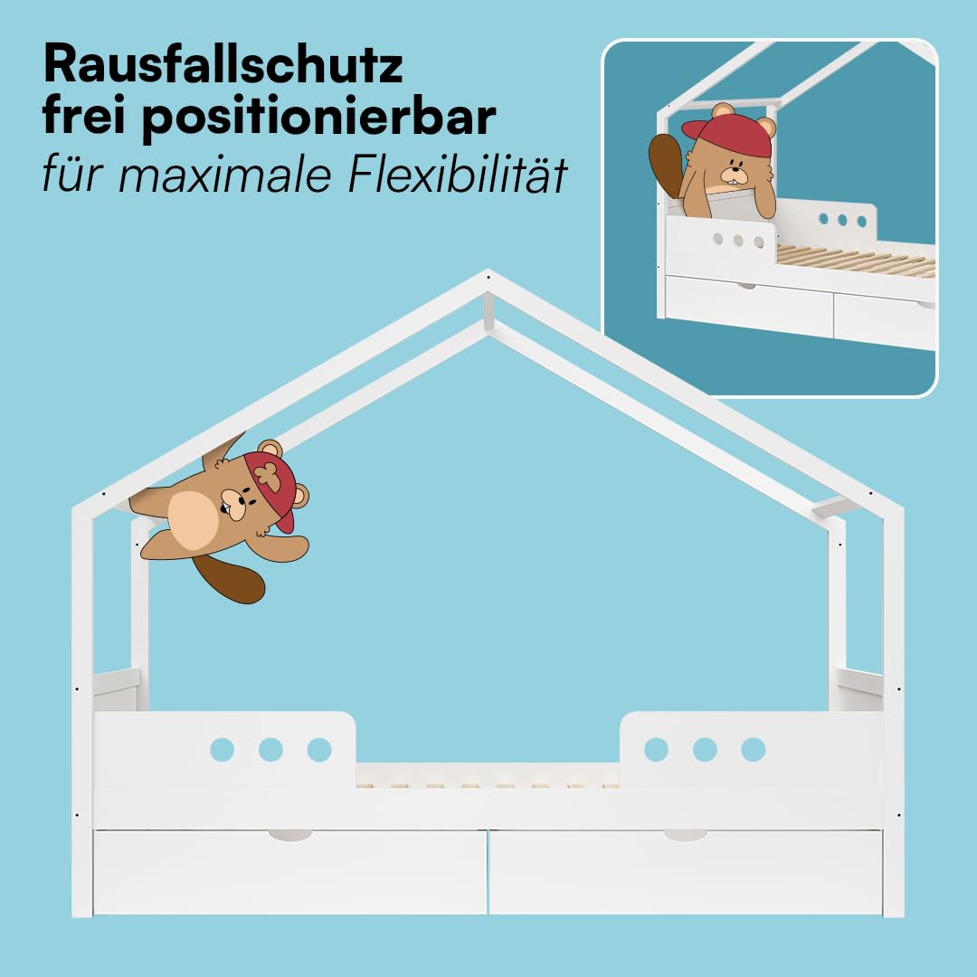 Bellabino Bela Kinderbett 90x200 cm – Hausbett mit Rausfallschutz & Lattenrost – Kinder Bett mit Gästebett für Jungen und Mädchen – Montessori Kinderhausbett aus Kiefer Holz in Weiß