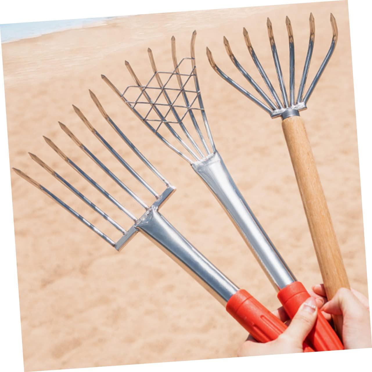 VICASKY Rastrello in Acciaio Inossidabile per Vongole con Manico, Attrezzo Affidabile per Scavare Spiaggia, Utensile Ergonomico per Molluschi e Conchiglie