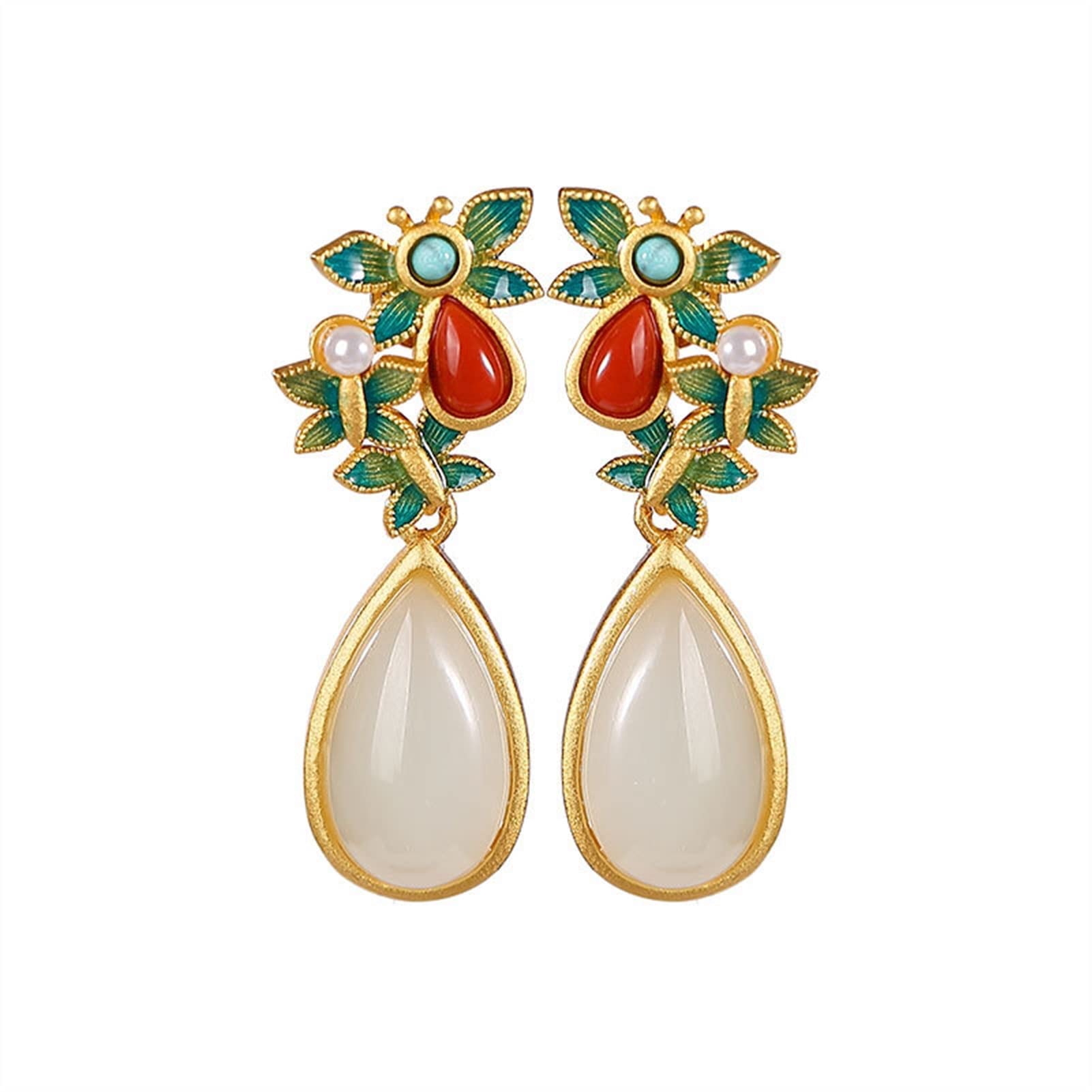 Pendientes de plata S925 chapados en oro con cloisonné y perlas de jade hetiano, pendientes de mujer en forma de gota, joyería