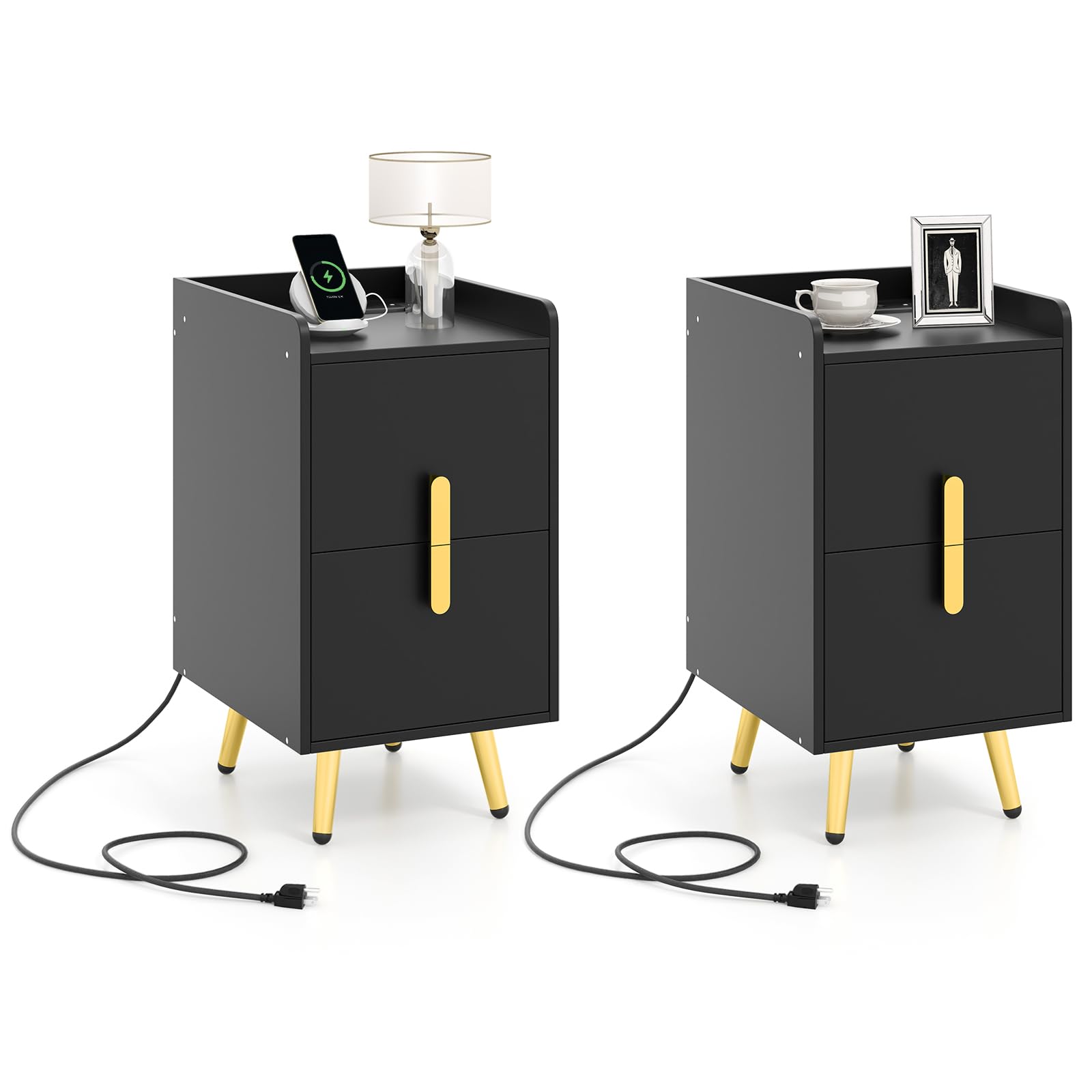 Giantex Nightstand with Charging Station Set of 2, Narrow End Table with 2 Drawers & Metal Gold Legs, Small Sofa Side Table w/ 2 USB Ports and 3