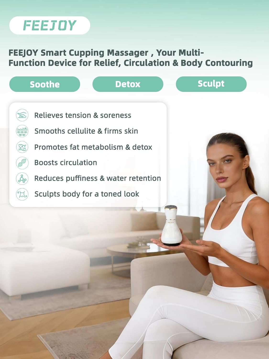 Electric Lymphatic Drainage Massager with Pulse Therapy & Heat – 12-Level Cupping Massage Device for Cellulite Reduction, Body Sculpting, Deep Tissue Pain Relief & Muscle Recovery, White