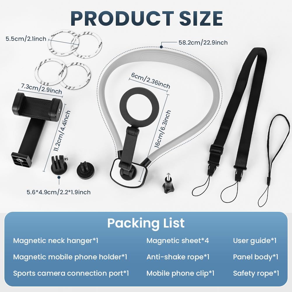 HOTUT Supporto Magnetico Selfie per Telefono da Collo, POV/Vlog Supporto per Telefono con Clip Telefonica, per Collo Registrazione Video per iPhone 16 15 14 13 Pro 12 Max Android