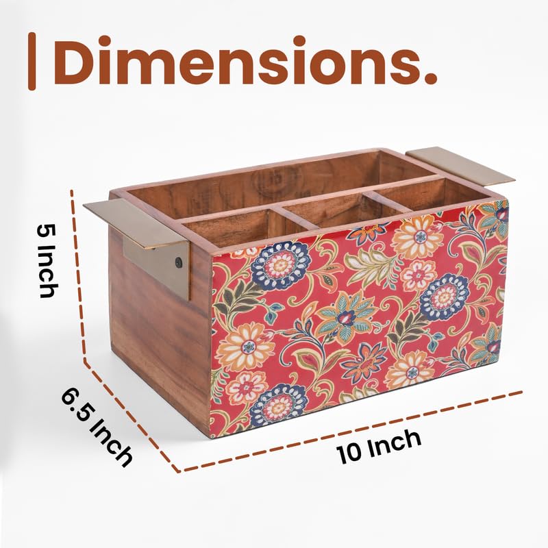 Image of Wooden Cutlery Holder for Kitchen - Handcrafted Floral Design with Sturdy Handles | Utensil & Tissue Organizer for Dining Table & Office - Red (Printed)
