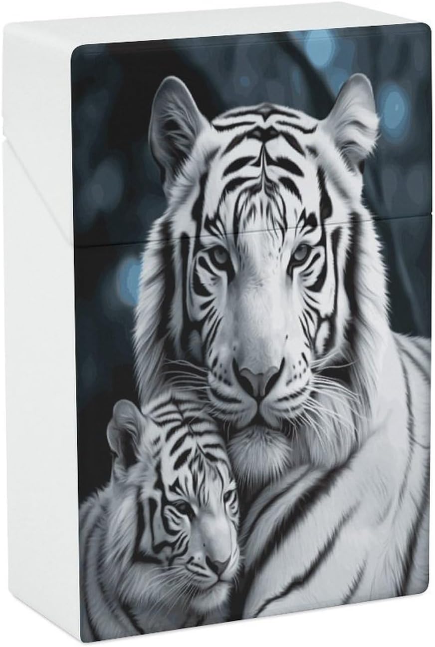 White Tiger Cigarette Case Plastic Box Normal Size Cigarette Holder Box Can Hold 20 Cigarettes King Size Cigs Protective Cover for Outdoor