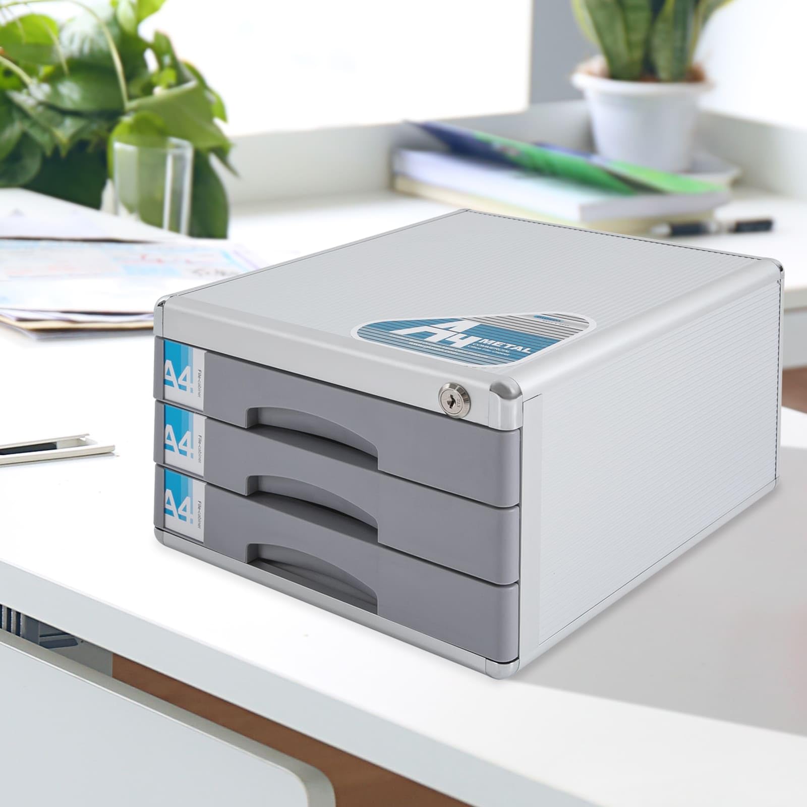 Organizzatore da scrivania in lega di alluminio a 3 livelli, scatola di immagazzinaggio file con cassetti e chiavi, bloccabile, ideale per riporre forniture per ufficio