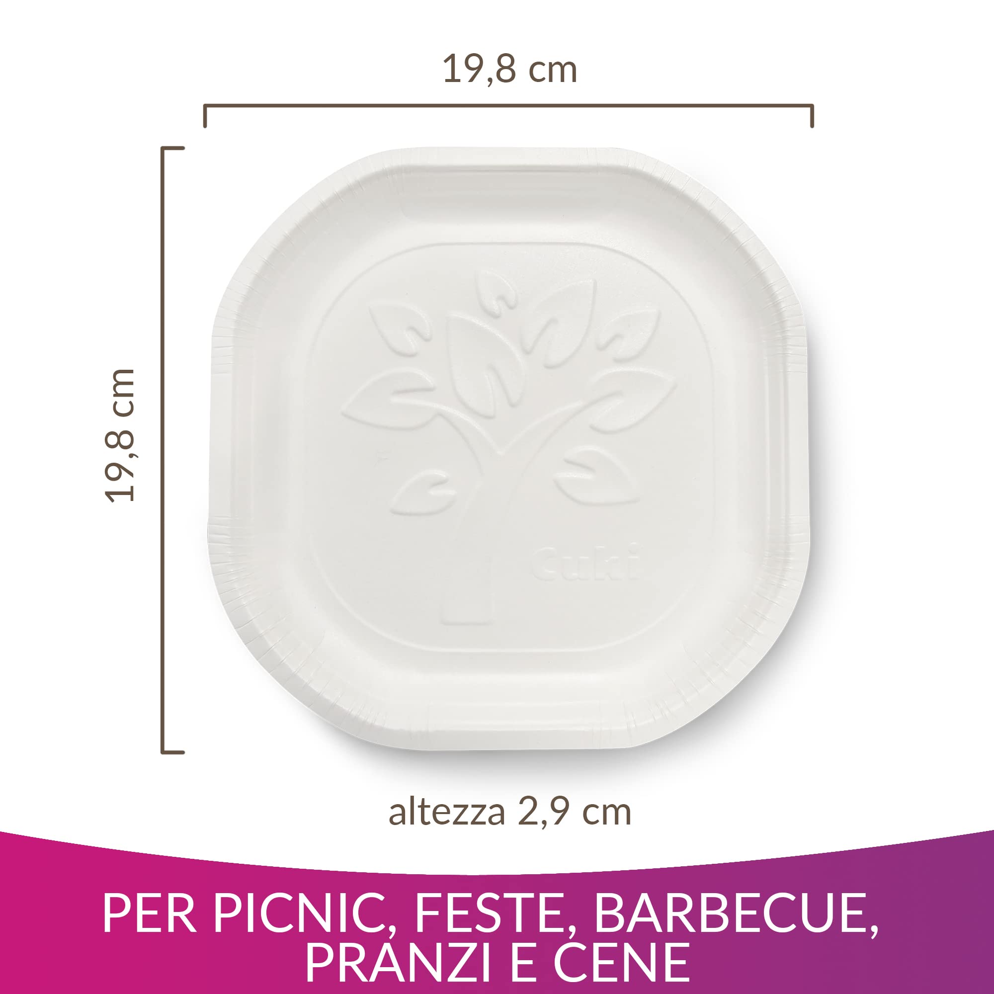 Cuki Piatti Fondi in Cartoncino Biodegradabile e Compostabile, ideali con alimenti liquidi e caldi, 1 Confezione da 75 Pezzi, per Picnic, Feste, Barbecue, Pranzi e Cene, 19.8 x 19.8 cm