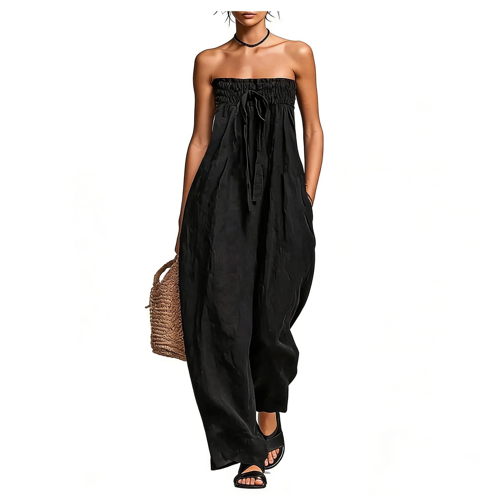 Générique Combinaison bustier minimaliste pour femme en mélange de lin — Coupe ample avec poches — Tenue de vacances estivales