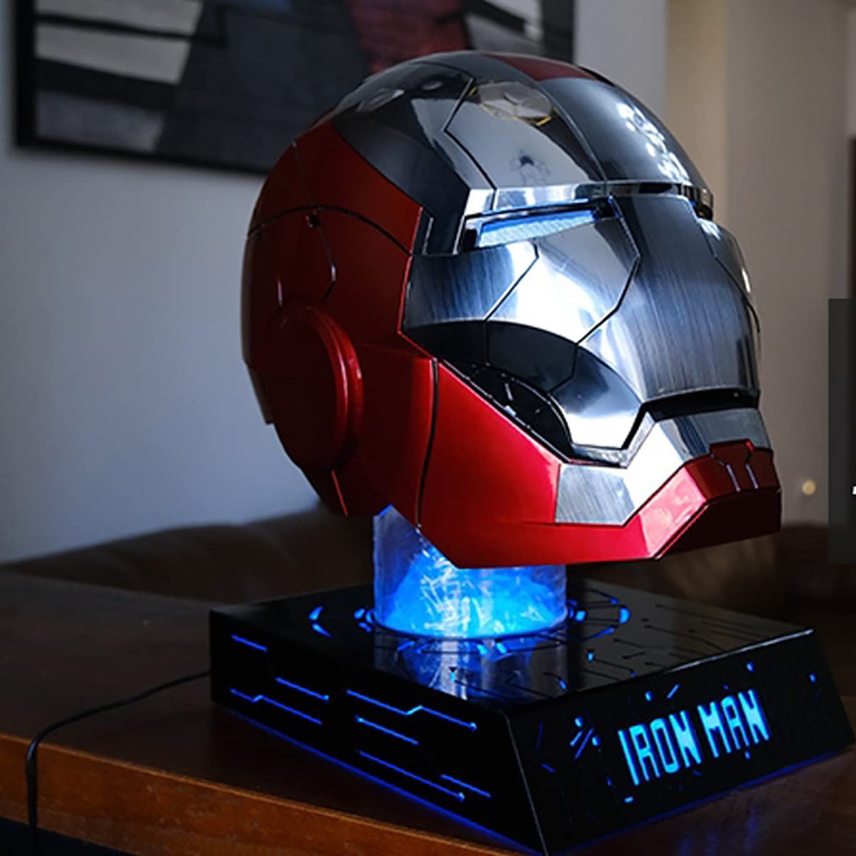 loesmams Electronic Iron Man Mk5 Helmet, Bluetooth Speaker Stand/Color-changing Luminous Base(optional), 1:1 Wearable Marvel Helmets Voice Control Electric Opening and Closing with Touch Sensor,A