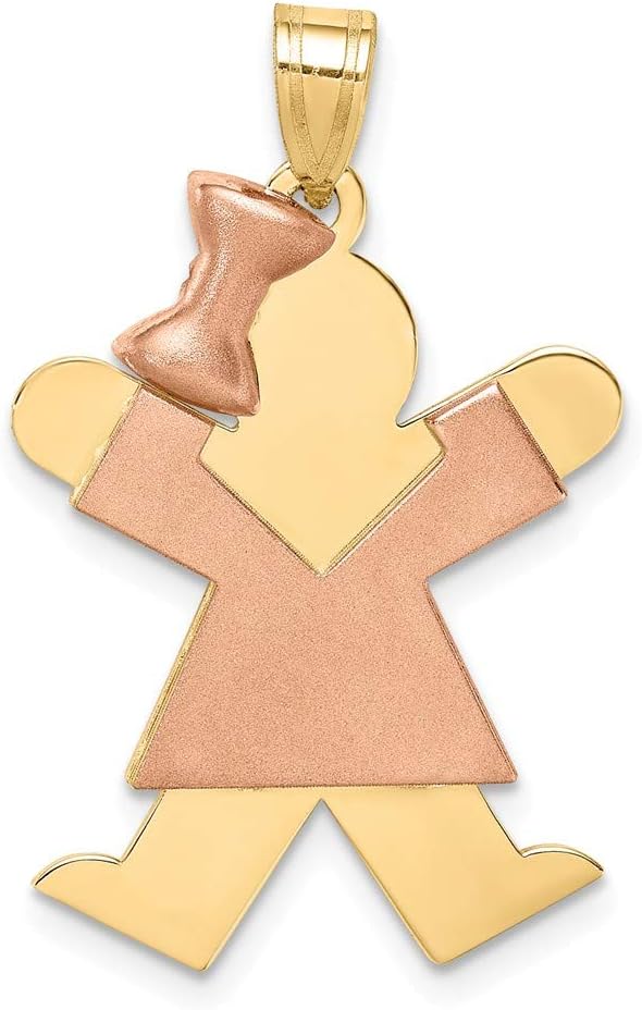 Solid 14k Two Tone Large Girl w/Bow on Left Engravable Charm Pendant (35mm x 25mm)