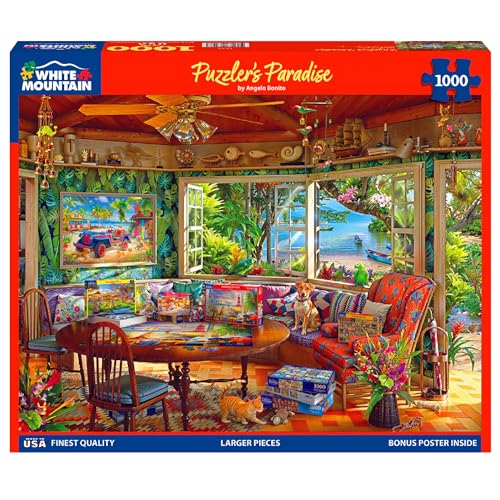 Rompecabezas White Mountain de 1000 piezas con paisaje lacustre escénico, para adultos y familia, piezas grandes, 24" x 30", cabaña