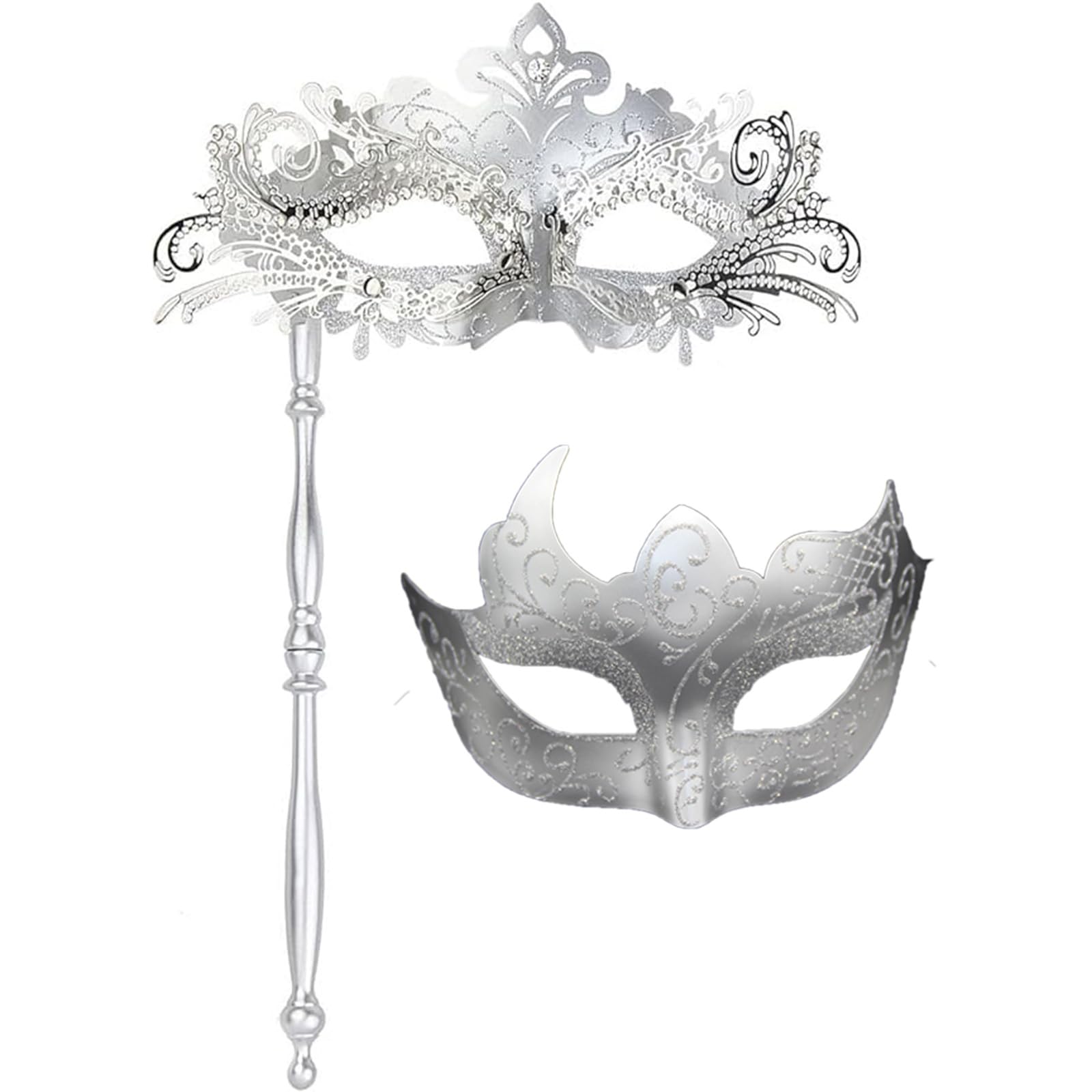 Seglorwy Masquerade Mask for Couples, Women Men Venetian Mardi Gras Halloween Christmas Party Couple Masquerade Mask(Silver with Stick)