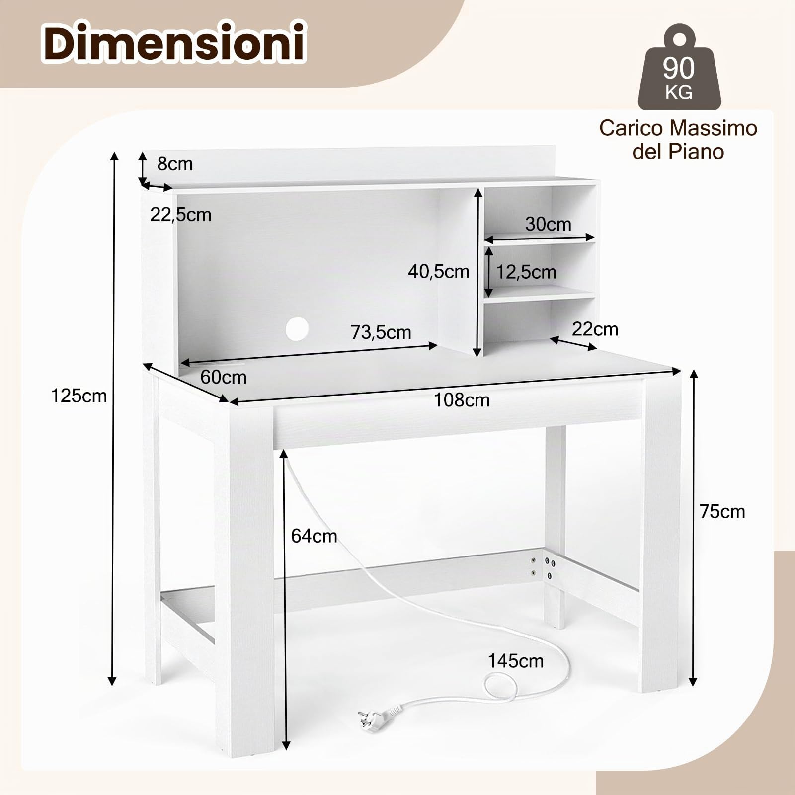 COSTWAY Scrivania per Computer con Libreria, Scrivania Salvaspazio in Legno con Stazione di Ricarica e Foro per Cavi, Scrittoio Moderno per Ufficio, Soggiorno e Studio, 108 x 60 x 125 cm (Bianco)