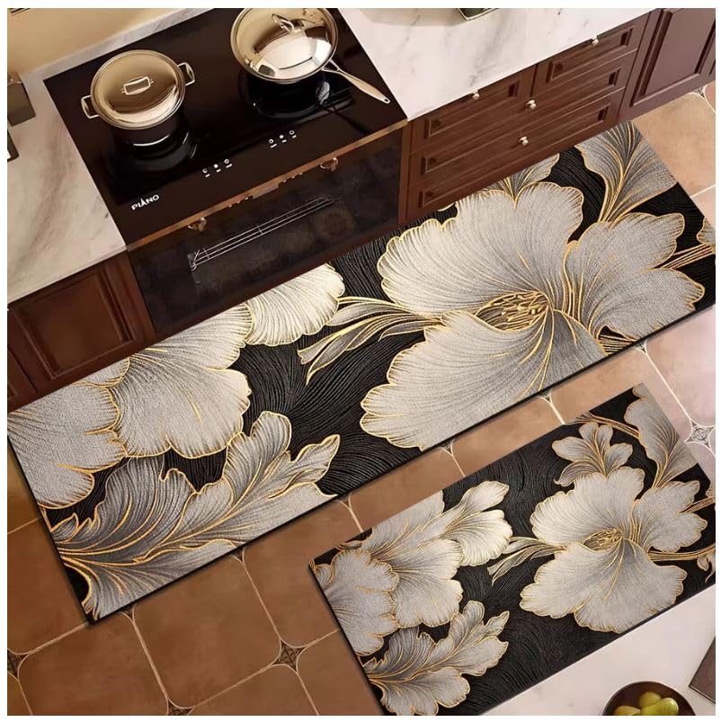 Image of Zorzel Anti Fatigue Kitchen Rug Set, 2 Pcs Non Slip Kitchen Mats for Floor Cushioned Kitchen Rug & Mat, Waterproof Comfort Standing Mat, Runner for Kitchen, Home Office, Sink, Laundry (White Flower)