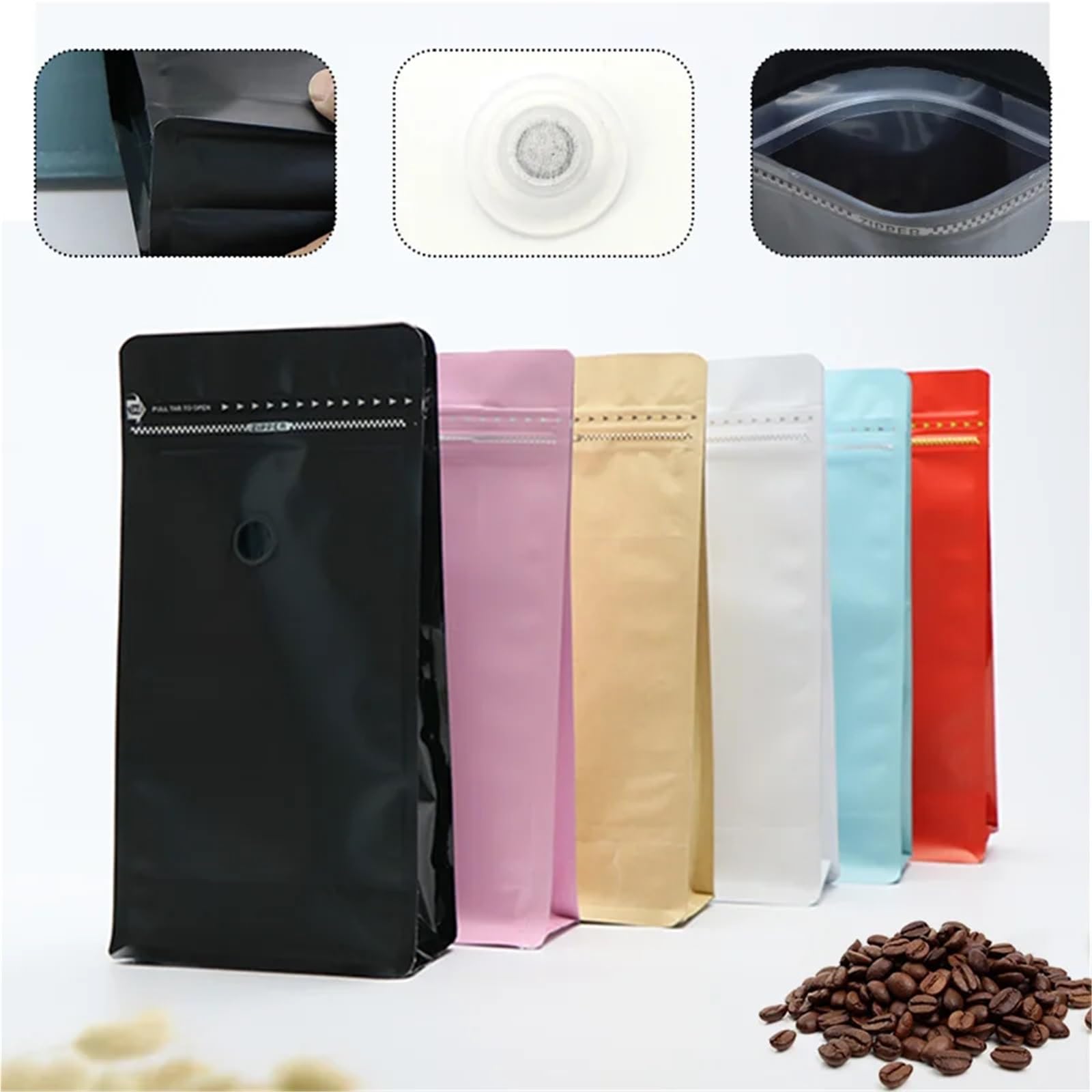 Kaffeebeutel mit Ventil, 50 Stück, Standbodenbeutel, 0,5 kg, bunte Kaffeebohnen-Verpackung, Aluminiumfolie, Druckverschlussbeutel mit einseitigem Entgasungsventil (schwarz, 150 x 320 mm, 1000 g)