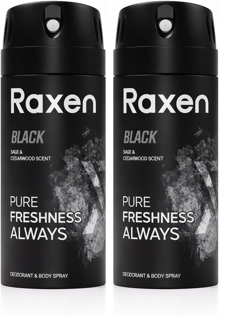 Raxen Erkek Deodorant Spreyi - Black Serisi - 150ml - Etkili Ter Kokusu Önleyici - Alüminyumsuz ve Leke Bırakmayan Formül - Gün Boyu Ferahlık Veren Erkek Vücut Spreyi (2 paketi)