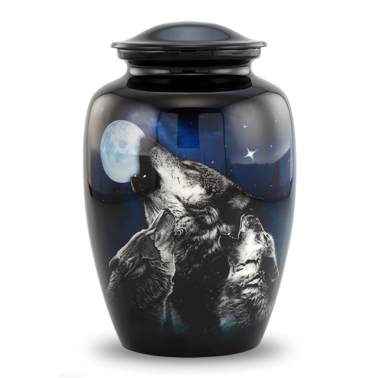 Urne funéraire Midnight Wolves - 3 loups hurlant à la lune - Urne funéraire pour cendres humaines jusqu'à 95,3 kg - Urne funéraire loups au clair de lune pour homme et femme avec sac en velours