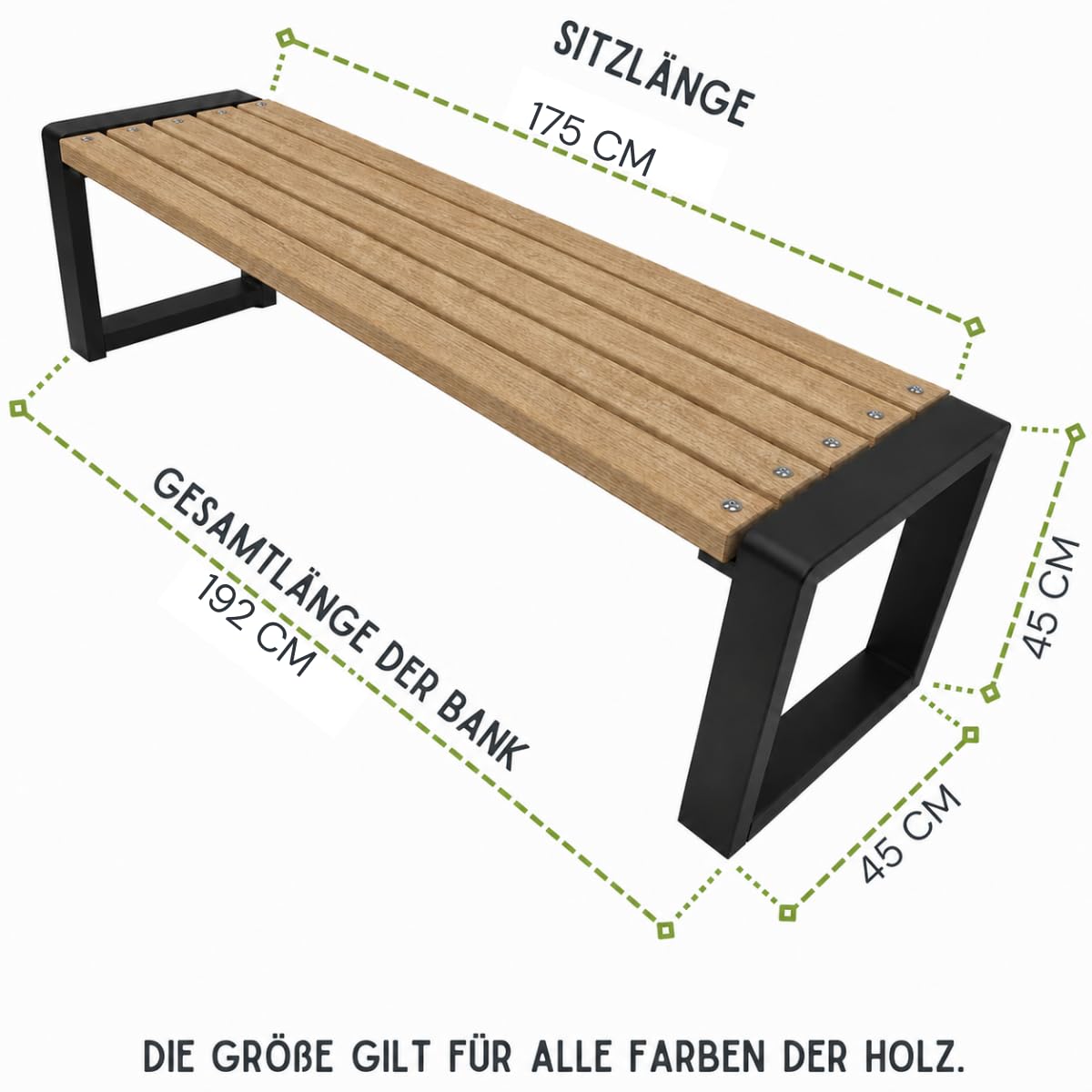 Primario - Banco de jardín, banco de parque, banco al aire libre, con capacidad de carga de 350 kg, de madera, resistente a la intemperie, roble (Grande-BO, roble, 175 cm, longitud del asiento, CE)