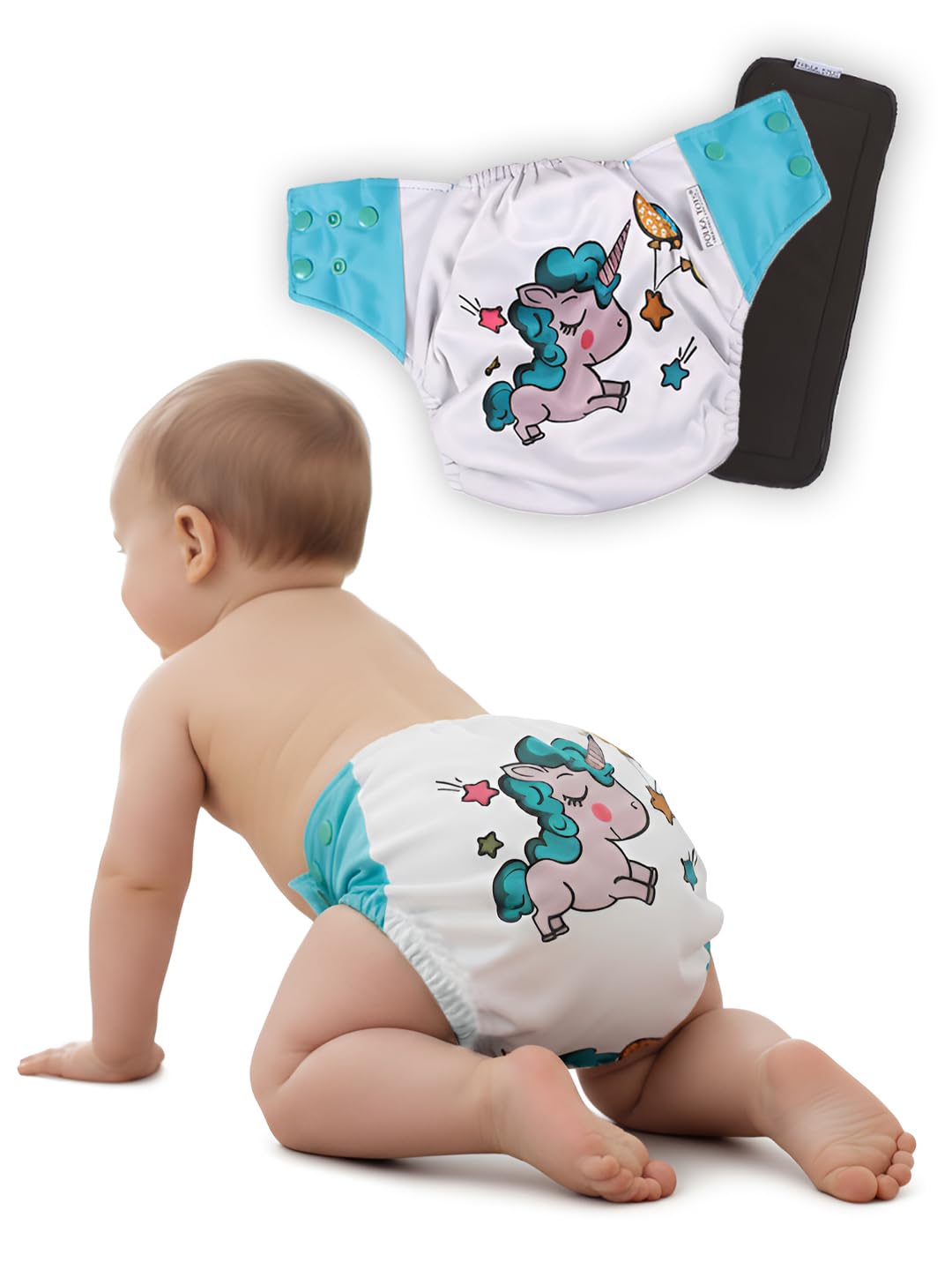 POLKA TOTS Reusable & Washable Cloth Diapers with Soft 5 Layers Bamboo Charcoal Insert and Size Adjustable Snap Buttons for New Born Babies (Unicorn)-image-9