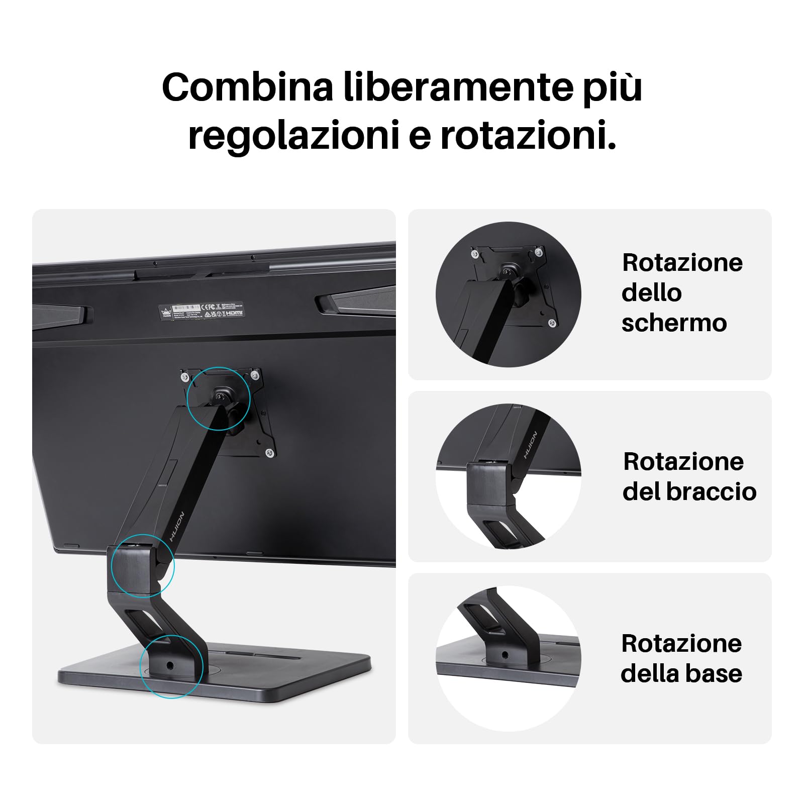 HUION ST500 Supporto Regolabile da Desktop, Piedini in Silicone Antiscivolo, Supporto Stabile, Regolazione Multi-Angolo, Compatibilità VESA, Adatto per Schermi da 17-32 Pollici