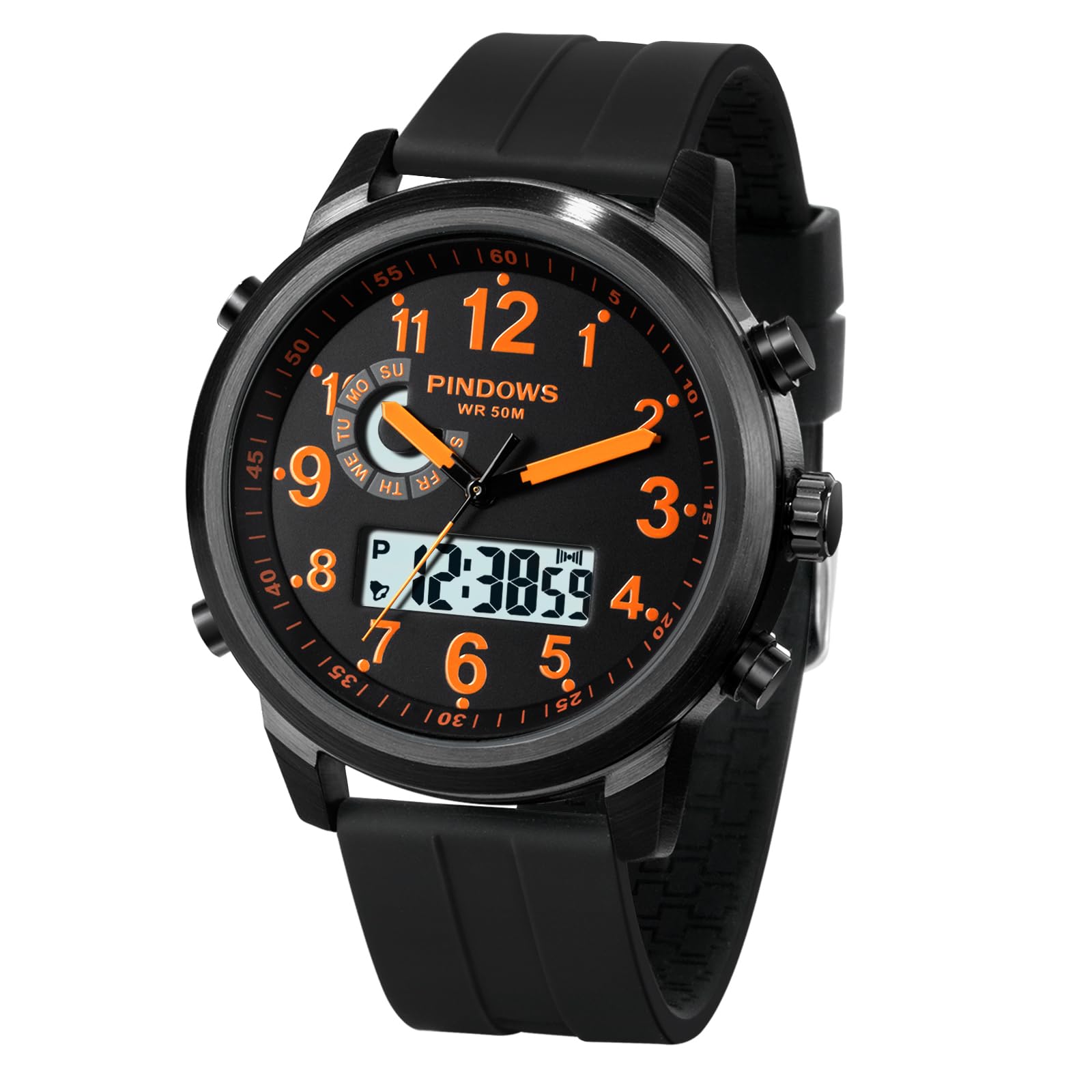 PINDOWS Herrenuhren, bis 30 m wasserdicht, militärische Digitale Analoguhr, Outdoor-Sportuhr, multifunktionale Lederarmbanduhr mit Dualzeit, LED-Hintergrundbeleuchtung, Alarm, Stoppuhr und Kalender