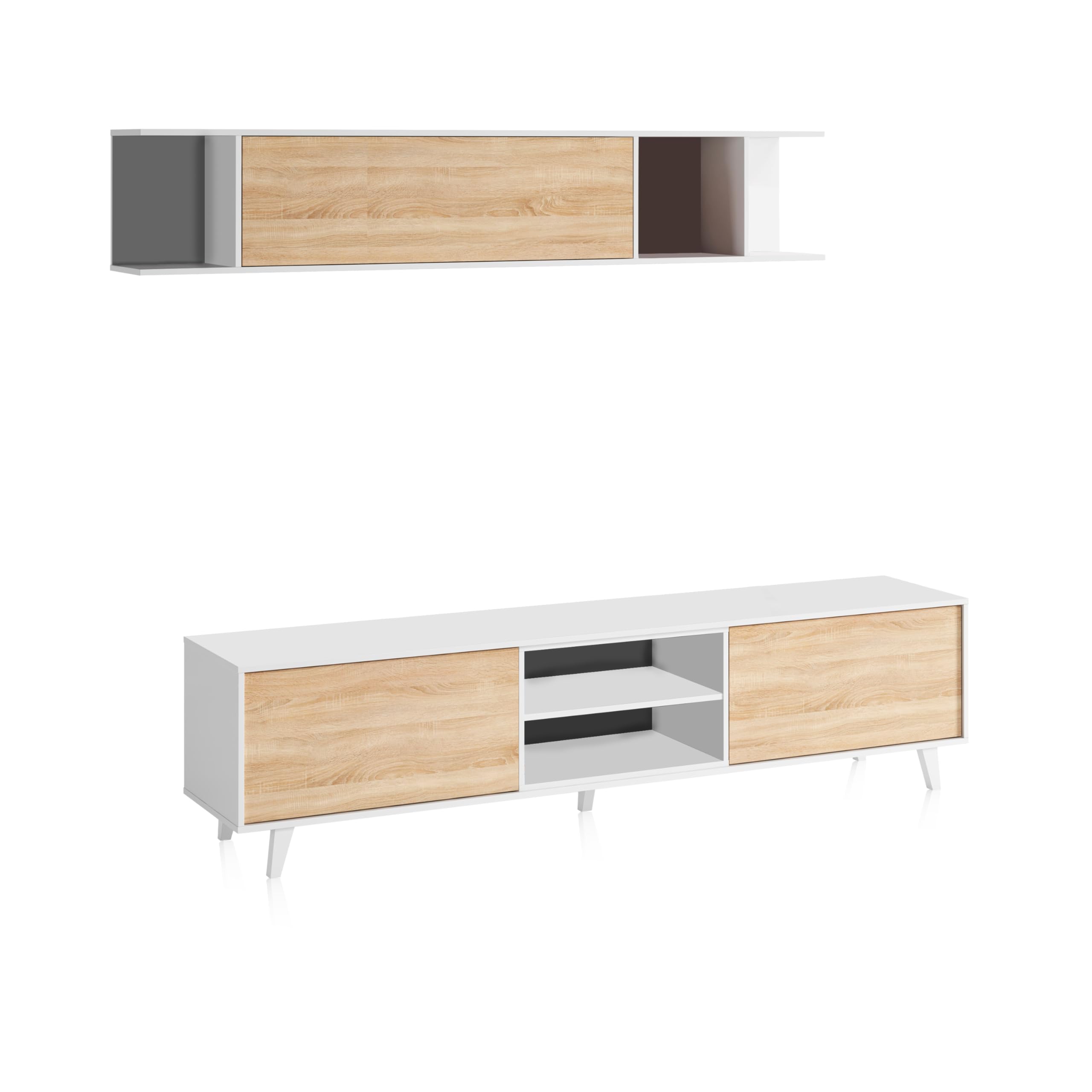 duehome | Mueble de salón, Comedor, Módulo TV + Estante, Modelo Niva, Color Blanco Brillo y Roble Canadian, Medidas: 180 cm (Ancho) x 51 (Alto) x 41 cm (Fondo)