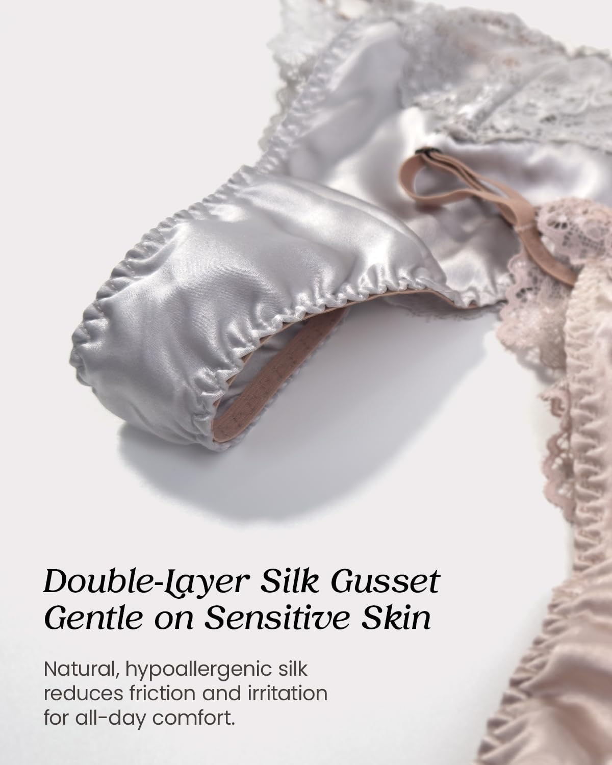 100% Mulberry Silk Thongs for Women, Sexy Shiny Silk Satin G-String Panties with Adjustable Ties, Cheeky T-back - Image 3