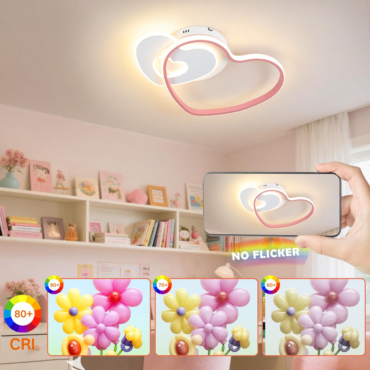 LED Deckenleuchte Moderne Herz Kinderlampe Deckenlampe 36W Dimmbar Mit Fernbedienung Jungen Mädchen Deckenlicht Cartoon Kinder Deckenlicht Schlafzimmer Dekor Lamp Rosa 48CM