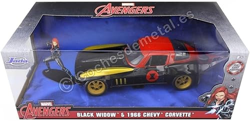 Miniatura 9 de Marvel 1:24 1966 Chevy Corvette - Auto fundido a presión con figura de viuda negra de 2.75 pulgadas, juguetes para niños y adultos