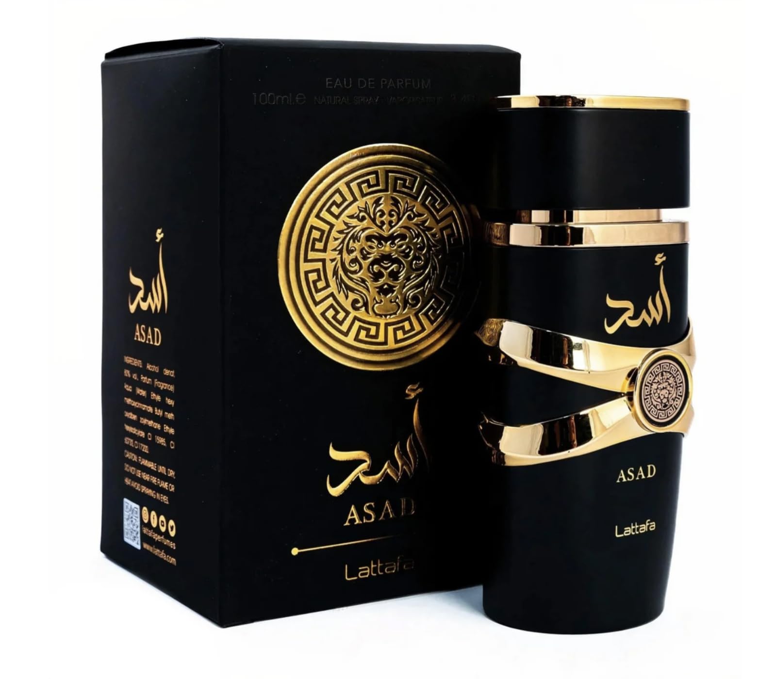 Lattafa Asad Eau de Parfum 100 ml, Perfume Árabe para Hombre de Larga Duración, Incluye Atomizador, Fragancia masculina árabe intensa ambarada especiada con vainilla tabaco y haba tonka (Asad)