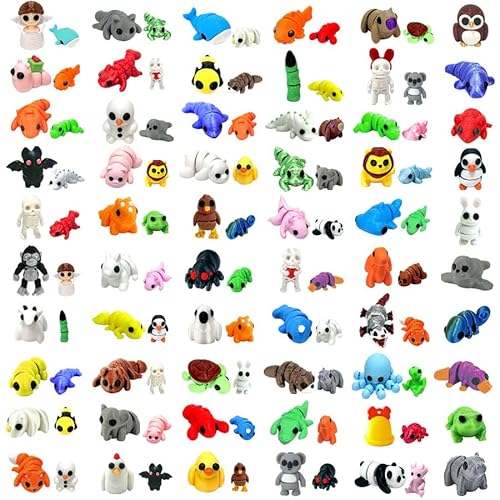 102 Pcs Mini Random 3D Printed Animal Figurines Set, Flexible