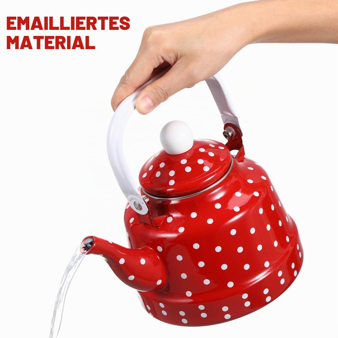 Cabilock Retro Emaille Teekanne 1,7L mit Teesieb, Vintage Teekessel Rot mit Weißen Punkten, Induktionsgeeignet, Emaillierter Wasserkessel für Herd, Camping & Landhaus-Küche