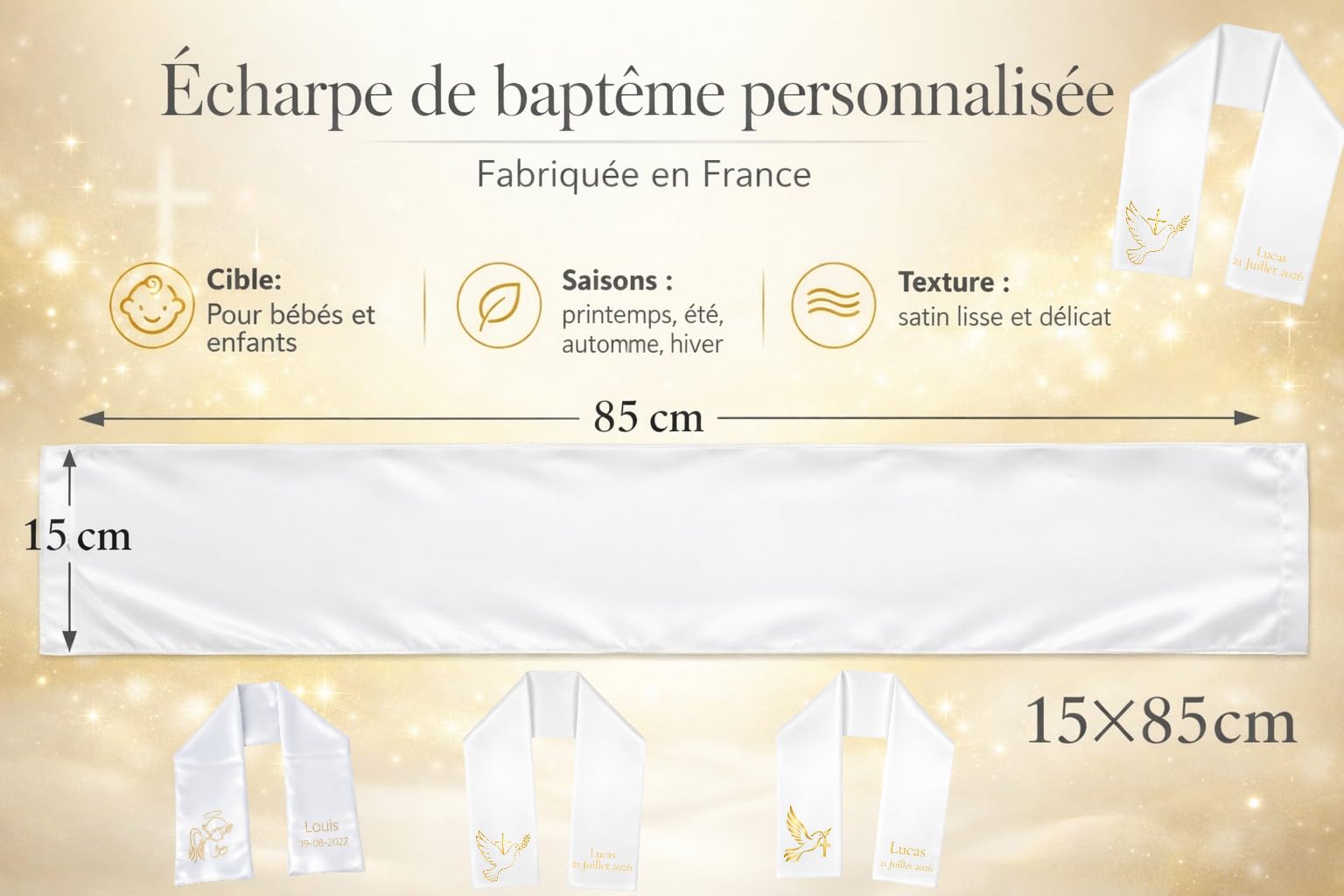 Générique Écharpe de Baptême Satiné Religieuse Personnalisée Fait Mains Plusieurs Modèles Bébé/Enfant - Cadeau Baptême