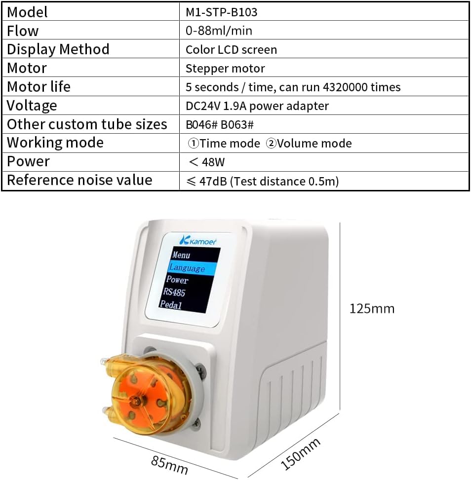 Kamoer M1-STP - Pompa a tubo intelligente 24 V, motore passo-passo regolabile, con flusso basso e controllo per acquari da laboratorio 0-88 ml/min