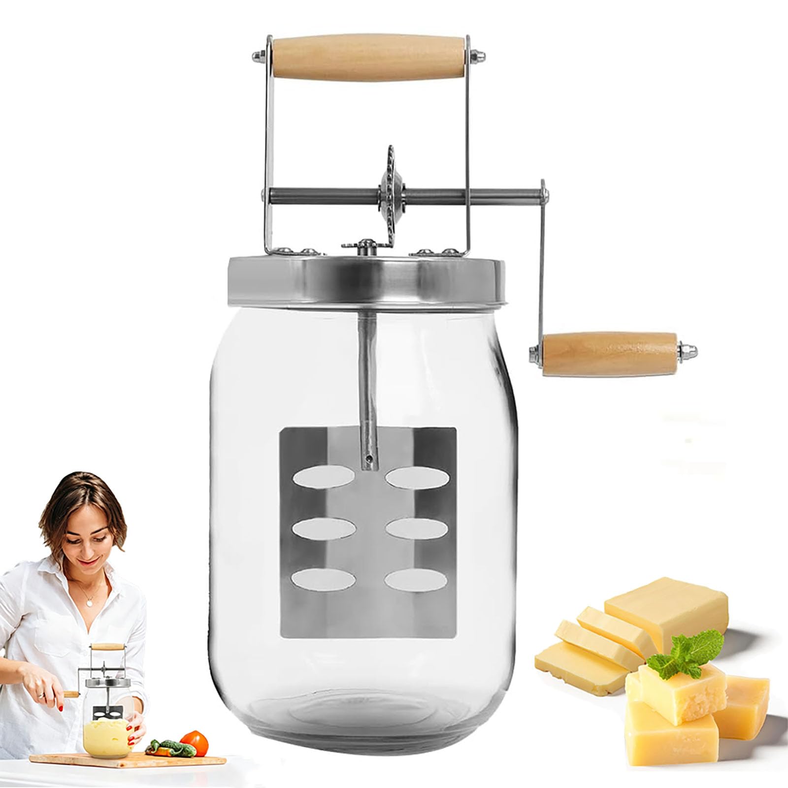 Butterkanne aus Glas mit Handkurbel, hausgemachter Butterbereiter für Sahne, 1,5 l langlebiger Mixer für Gebäck, Kekse und DIY Backgeschenke für Kinder und Familien