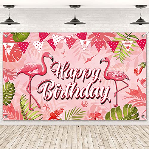 Hawaiian Aloha Party Decorations Luau Tropical Party Banner Backdrop Large Summer Flamingo Happy Birthday Yard Sign backgroud Flamingo Themed Birthday Party Indoor Outdoor Car Decorations Supplies