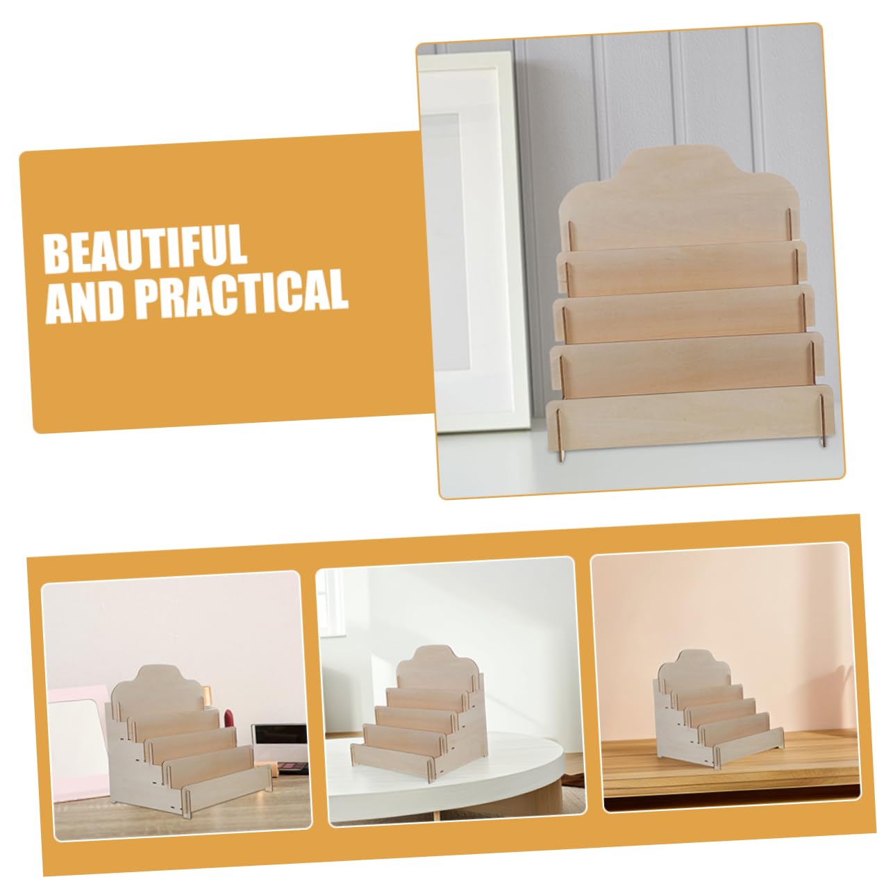 SOLUSTRE Présentoir à Cartes Postales Élégant Structure à Niveaux en Bois Support Multifonctionnel pour Cartes de Visite et Événements de Vente Détail