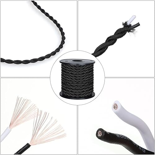 Miniatura 3 de Cable de tela trenzada de 50 pies, cable electrónico industrial antiguo, calibre 18 y 2 conductores de estilo vintage, cable de tela colgante (negro)