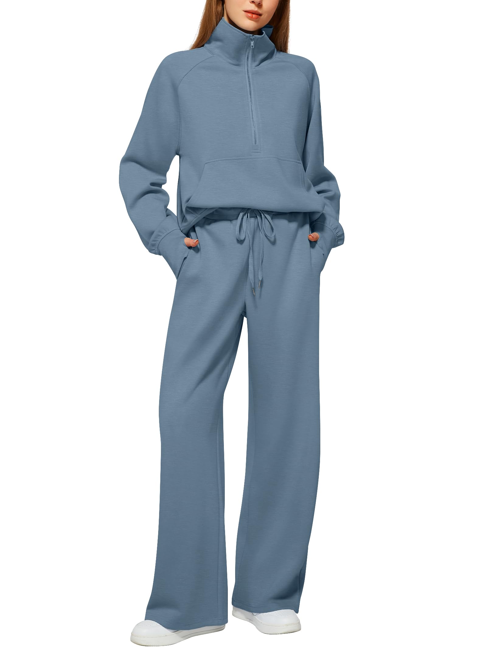 Casly Lamiit Women's 2 Piece Outfits Lounge Set 2025 Oversized Half Zip Sweatshirt Wide Leg Sweatpant Set Sweatsuit Tracksuit, Blue Grey, Small