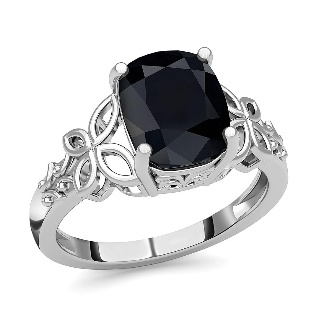 Black Tourmaline Ring in 925 Sterling Silver - October Birthstone Rings for Women - Engagement Promise Floral Statement Vintage Solitaire Tourmaline Jewelry Birthday Gifts for Womens