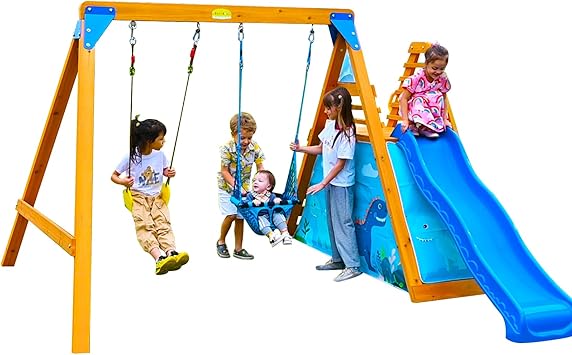 SuniBoxi Playground Swing Sets for Backyard for Kids, Wooden Playground Sets for Backyards with 2 Swings, a Big Wave Slide, Climbing Wall, Kids Outdoor Playset for Ages 3-6