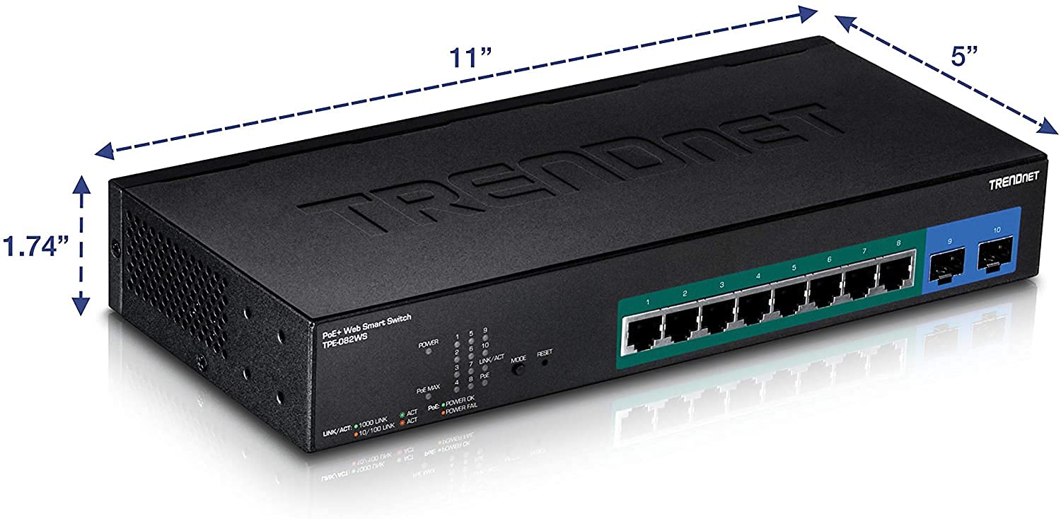 TRENDnet, TPE-082WS, 10-Port Gigabit Web Smart PoE+ Switch, 8 X Gigabit PoE+ Ports, 2 X SFP Slots